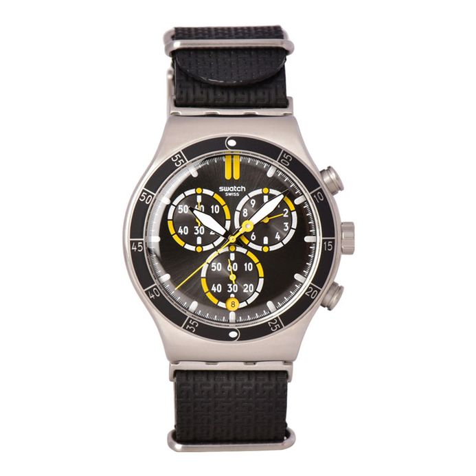 Swatch Irony YVS422 Orange Teeth Chronograph Black Dial Black Fabric Strap