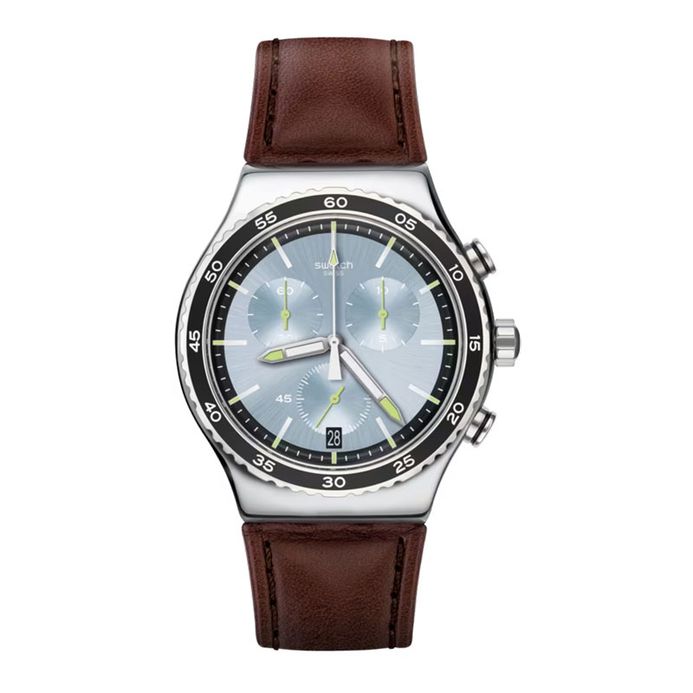 Swatch Irony YVS429 Stock Xchange Chronograph Blue Dial Brown Leather Strap