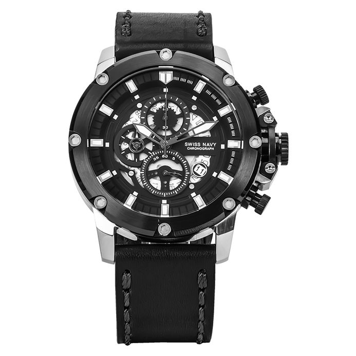 SWISS NAVY Chronograph 6811MSSBKBK Men Black White Skeleton Dial