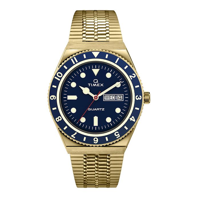 Timex Q TW2U62000 Reissue Blue Dial Gold Stainless Steel Strap