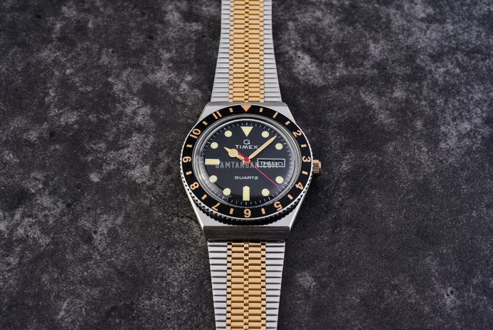 Timex Q Reissue TW2V18500 Black Dial Dual Tone Stainless Steel Strap