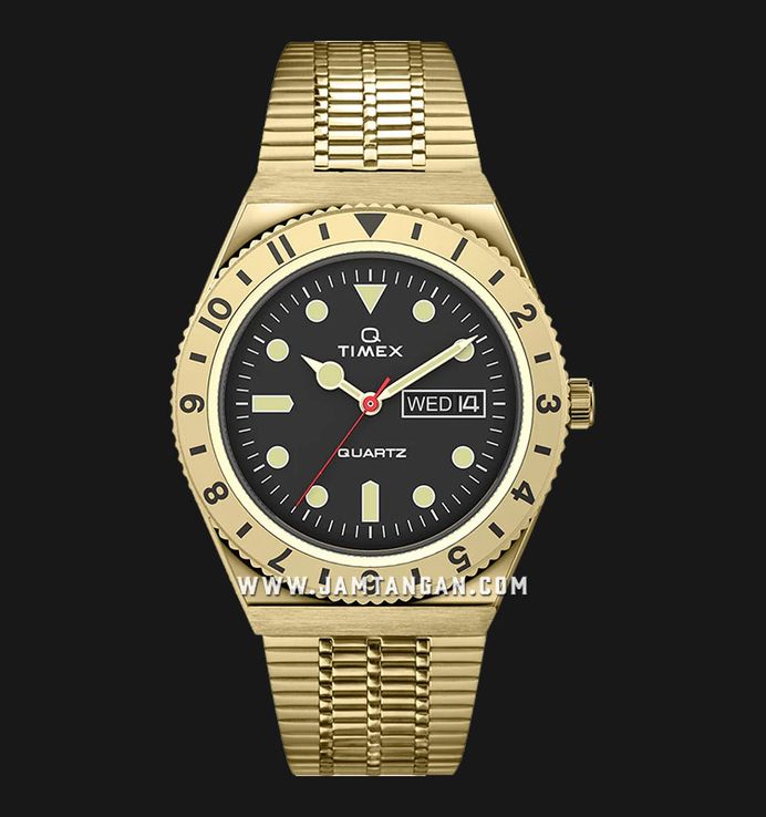 Timex Q TW2V18800 Reissue Men Black Dial Gold Stainless Steel Strap