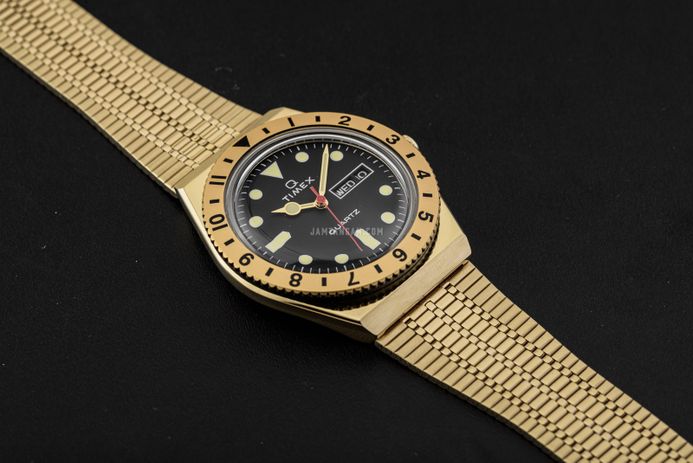 Timex Q TW2V18800 Reissue Men Black Dial Gold Stainless Steel Strap