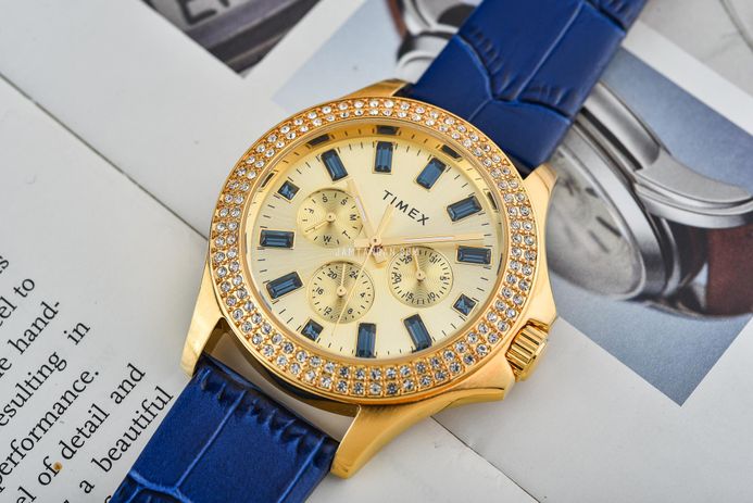【国内即納】TIMEX Kaia Multifunction TW2W10800 腕時計 Timex Kaia TW2W10800 Ladies Gold Dial Blue Leather Strap