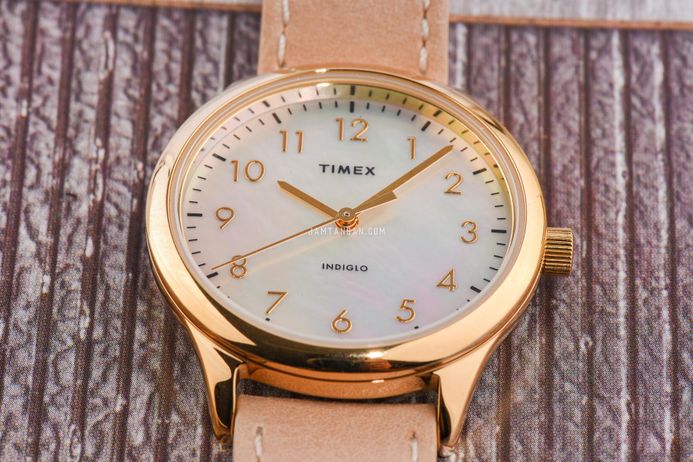 Timex Easy Reader TW2W15800 Ladies Mother Of Pearl Dial Beige Leather Strap
