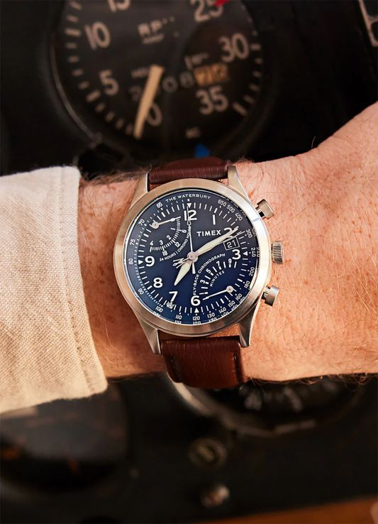 Timex Waterbury TW2W47900 Traditional Fly Back Chronograph Blue Dial Brown  Leather Strap