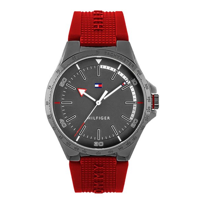 Tommy Hilfiger Riverside 1791527 Men Grey Dial Red Silicone Strap