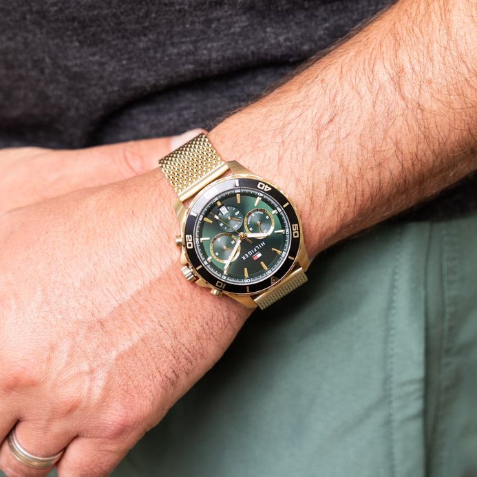 Tommy Hilfiger Jordan 1792093 Men Chronograph Green Dial Gold Mesh